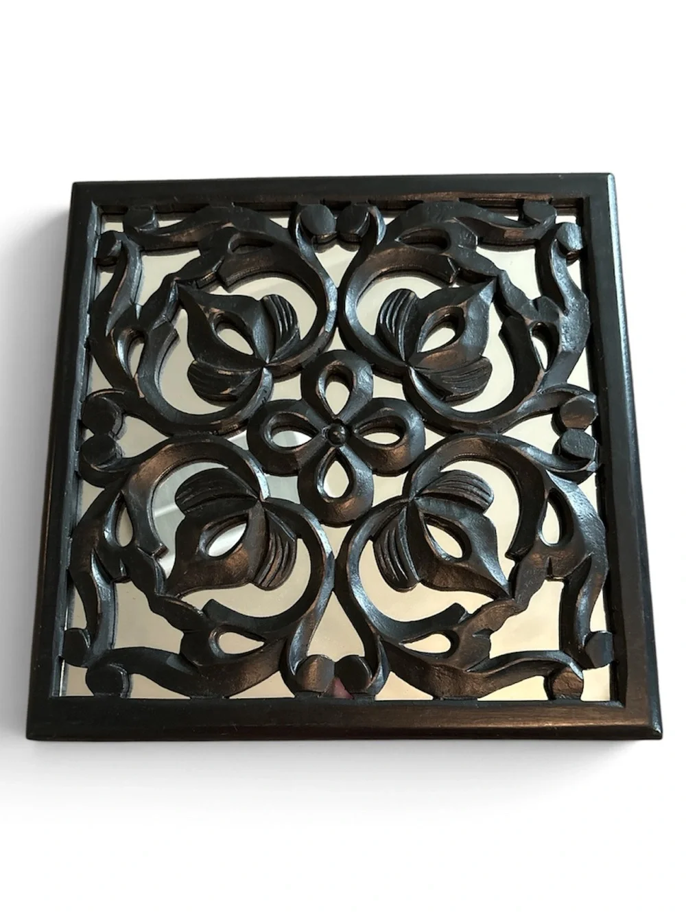 New! ornate square carved wooden wall plaque with a mirrored backing!